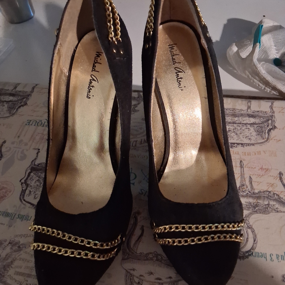 Michael Antonio Black Heels with Gold Chain Accent
